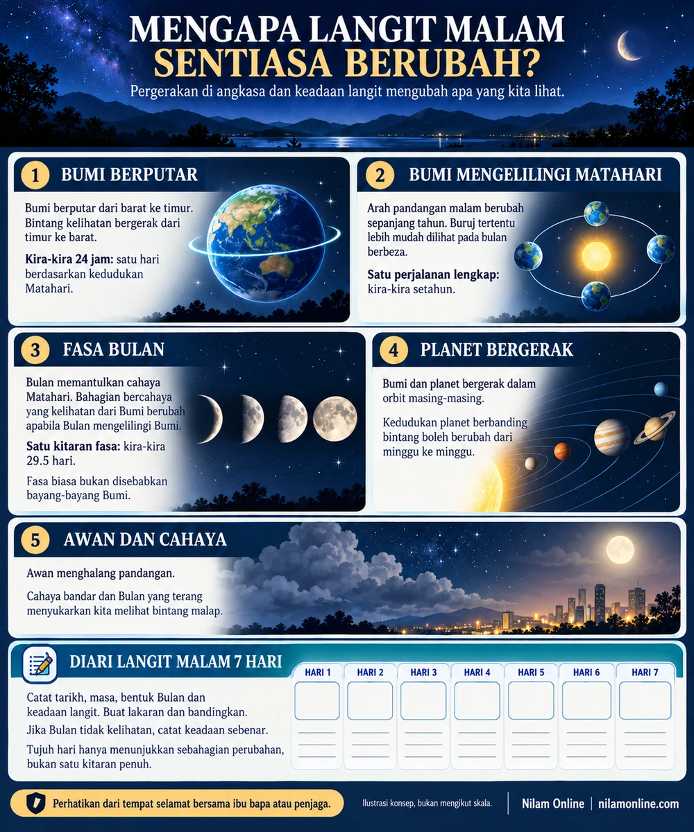 Infografik putaran dan peredaran Bumi, fasa Bulan, pergerakan planet, awan serta pencemaran cahaya, dengan lembaran diari langit malam tujuh hari.