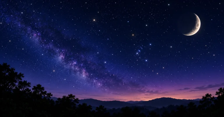 Pemandangan langit malam dengan Bulan sabit dan bintang yang kelihatan berubah kedudukan akibat pergerakan Bumi.