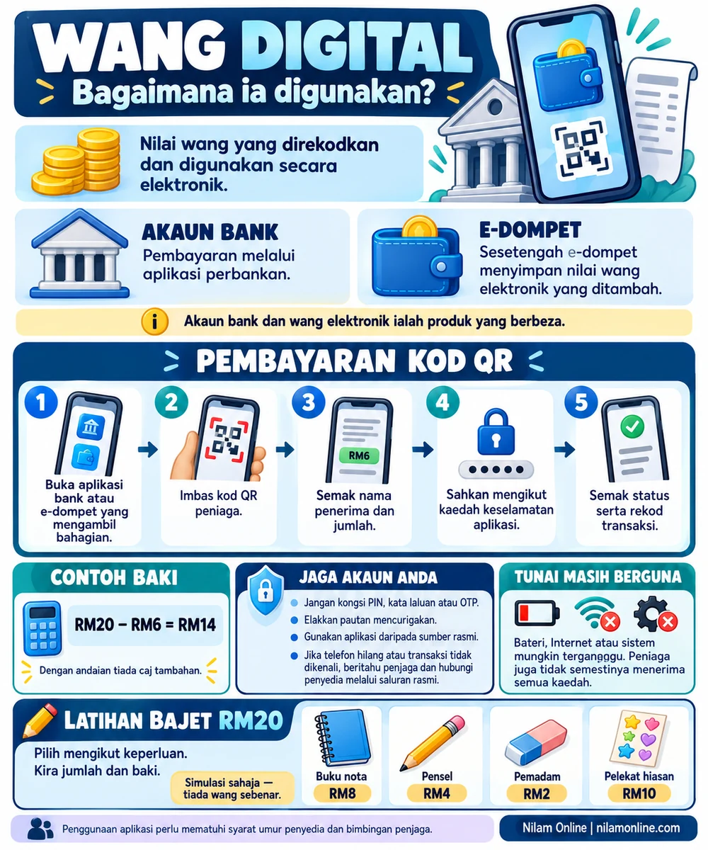 Infografik wang digital, perbezaan akaun bank dan e-dompet, lima langkah pembayaran QR, contoh baki RM20 tolak RM6 serta latihan bajet dan keselamatan akaun.