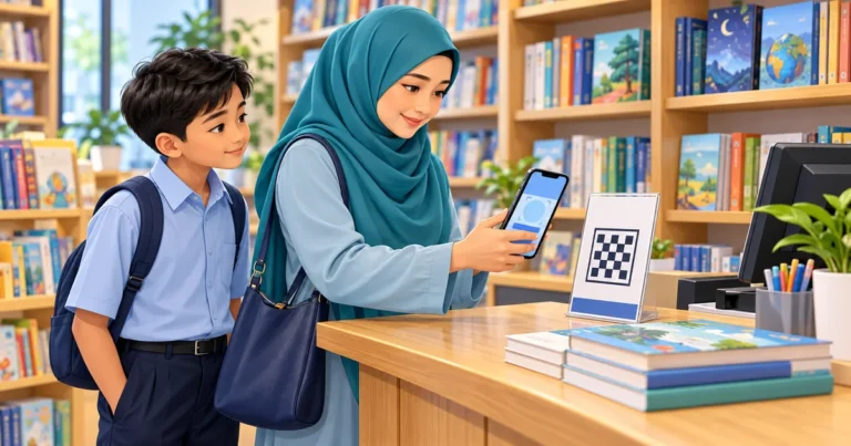 Seorang ibu membuat pembayaran wang digital menggunakan telefon pintar dan kod QR di kedai buku.