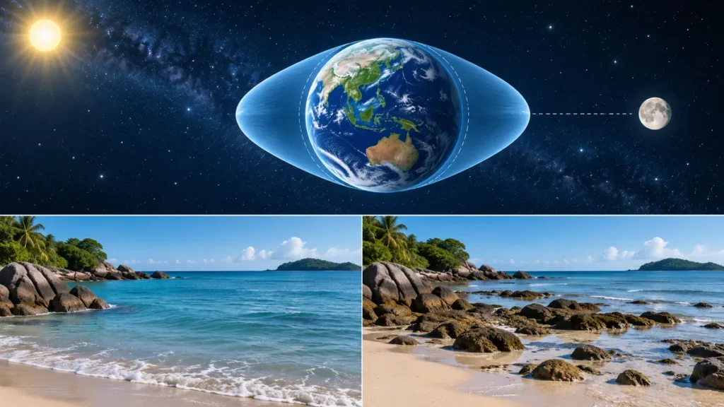 Model ringkas Bumi dengan dua bonjolan pasang surut, Bulan dan Matahari, serta pantai yang sama ketika air pasang dan surut.