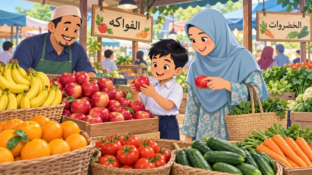 Ahmad dan ibunya membeli buah-buahan dan sayur-sayuran di pasar sambil mempelajari kosa kata Bahasa Arab.
