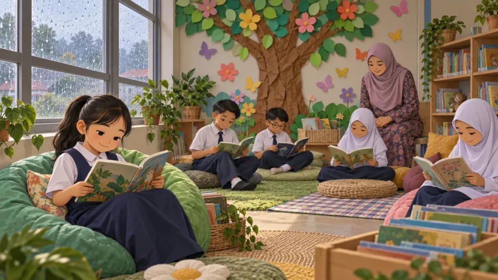 Maya and her classmates reading beside a paper tree in an indoor reading garden while rain falls outside.