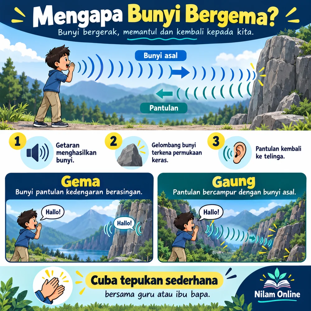 Infografik menerangkan perjalanan bunyi asal dan pantulan serta perbezaan antara gema dengan gaung.