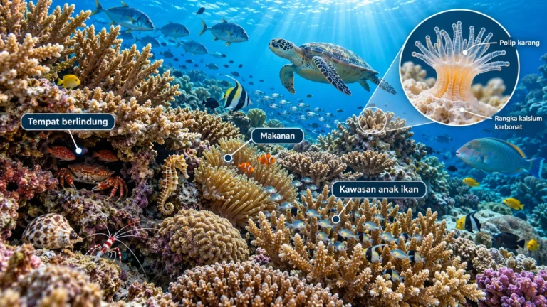 Terumbu karang menyediakan celah, makanan dan tempat perlindungan kepada ikan, ketam, udang dan pelbagai haiwan laut.
