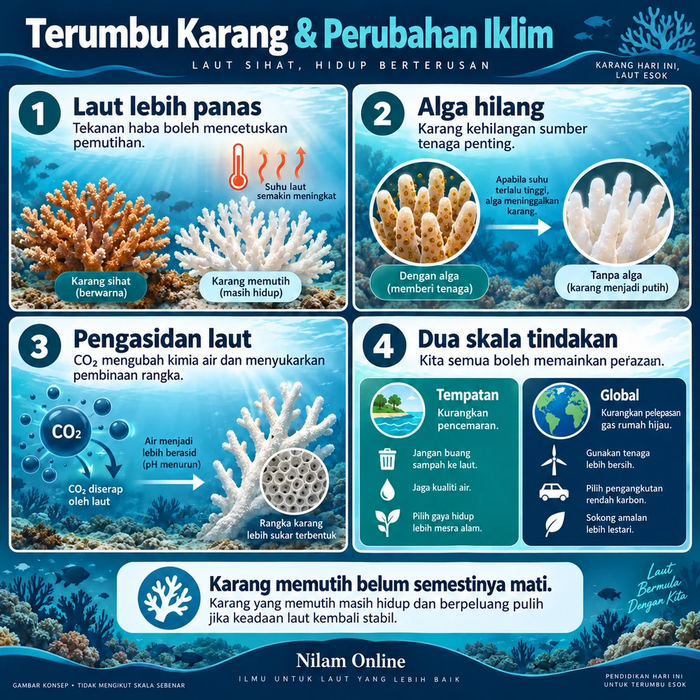 Infografik tekanan haba, kehilangan alga, pengasidan laut dan tindakan tempatan serta global untuk melindungi terumbu karang.