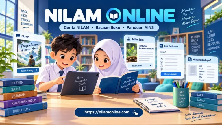 Murid lelaki dan murid perempuan bertudung membaca tablet dan buku di perpustakaan dalam ilustrasi Nilam Online.