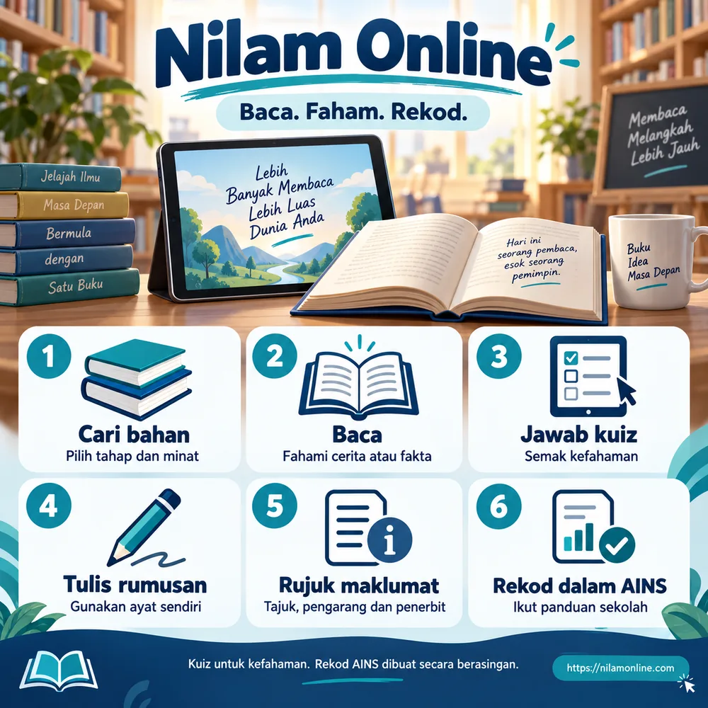 Enam langkah menggunakan Nilam Online: cari bahan, baca, jawab kuiz, tulis rumusan sendiri, rujuk maklumat dan rekod dalam AINS mengikut panduan sekolah.